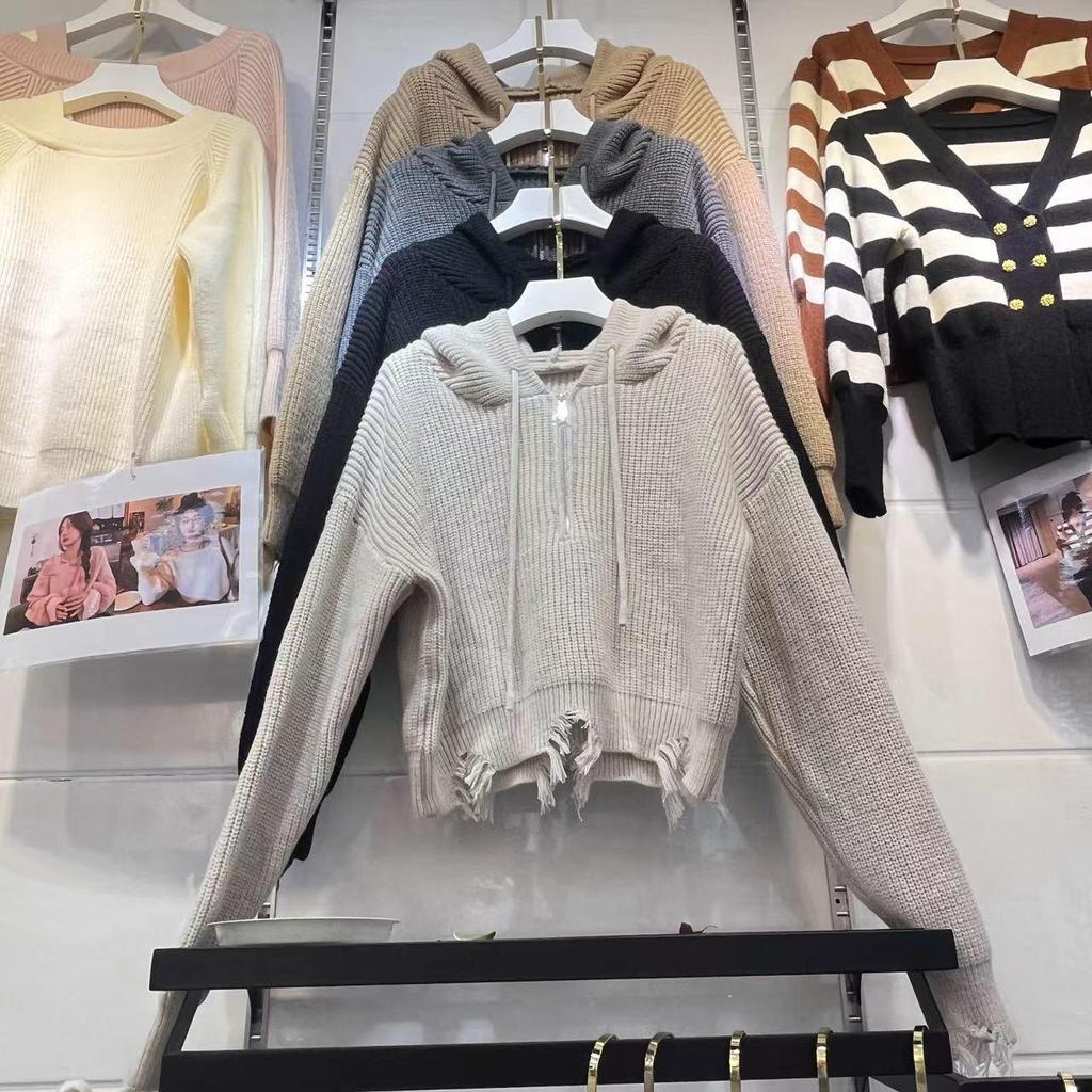 2025 Autumn/Winter Women's Korean Style Fringe Raw Edge Hooded Sweater - Loose Short Zip-Up Knitwear Top