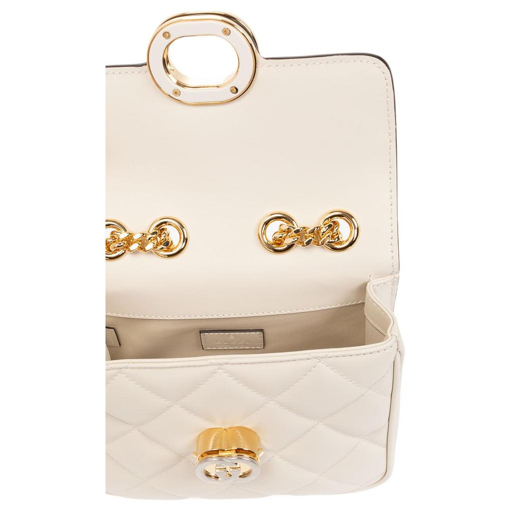 Gucci GG Marmont White Quilted Leather Chain Bag,G Hardware Gold Strap, Women's Flap Closure Crossbody Handbag for Daily Party 741457-AAB1Q-9022