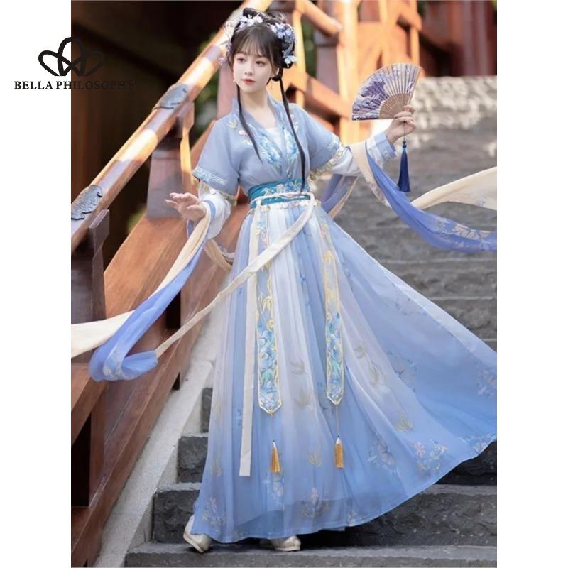 

Новый китайский стиль, ретро, ​​античный стиль, нежный оригинальный дизайн, платье Hanfu с длинными рукавами и принтом на талии L синий