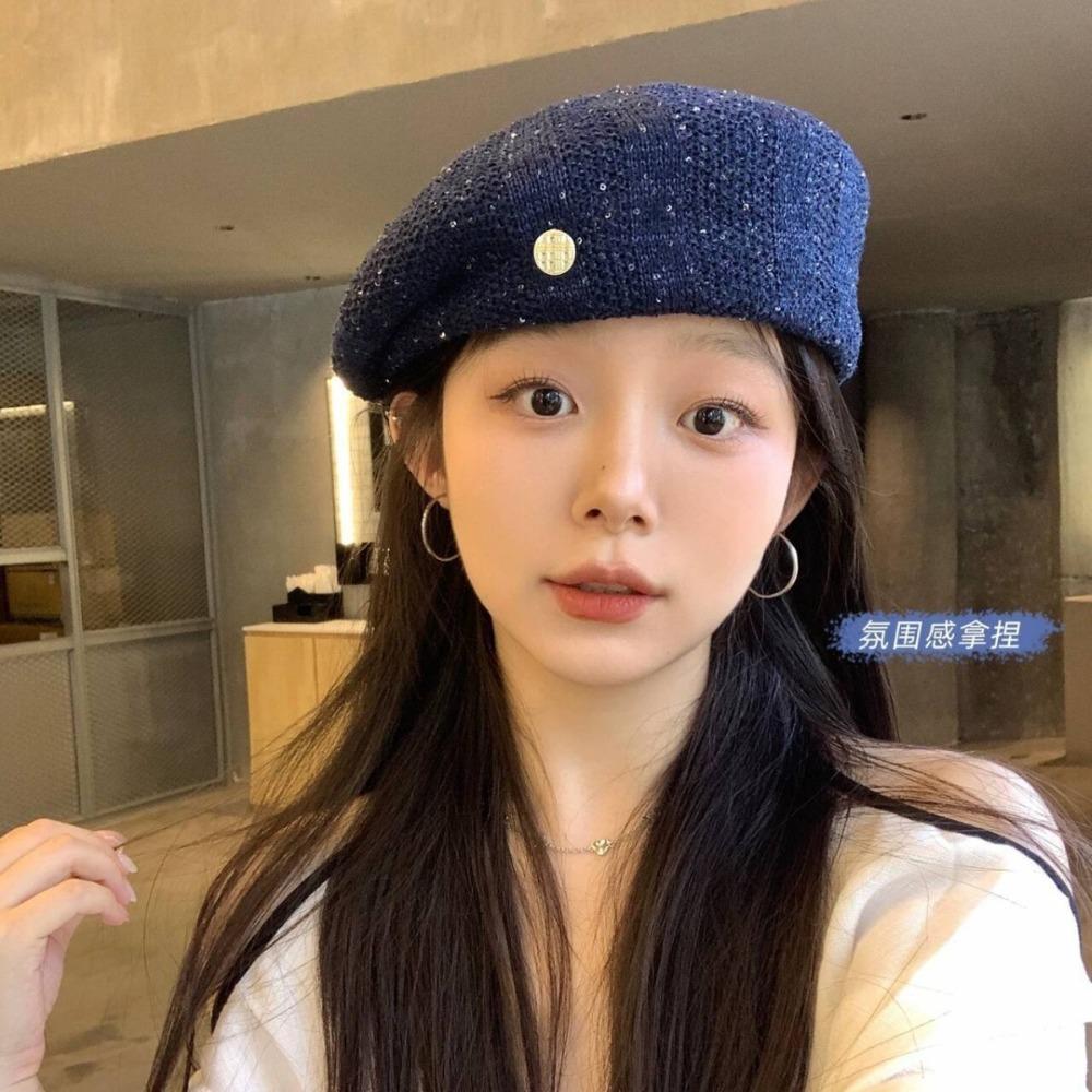 Hollowed Out Weave Hat Paillette Crochet Knitted Cap Elegant Sequin Beret Hat  Women