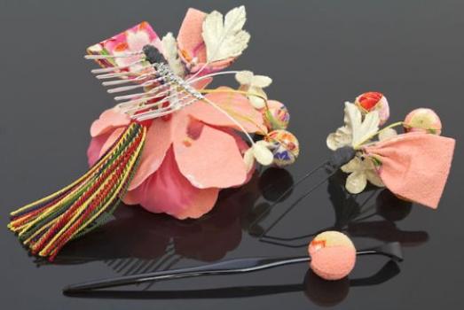 Hair Coming of Age Graduation Japanese Japanese 3 Piece Pink [SOUBIEN] Ornament, Ceremony, Ceremony, Flower, Pattern, Braid, Furisode, Hakama, Kimono,