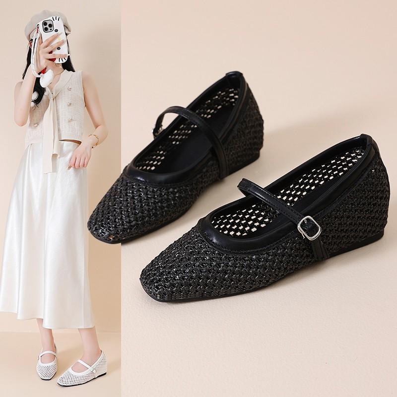 Fashion One-band Fashion Single Shoes Autumn New Square Toe Shallow Mouth Mesh Breathable Non-slip Wear-resistant Inner Heightener Shoes