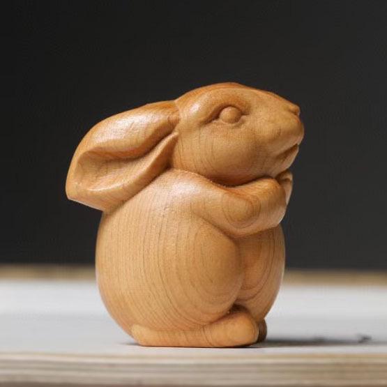 Golden Sandalwood Rabbit Zodiac Carving – Handcrafted Solid Wood Animal Craft 4.5*3.8*2.9 cm