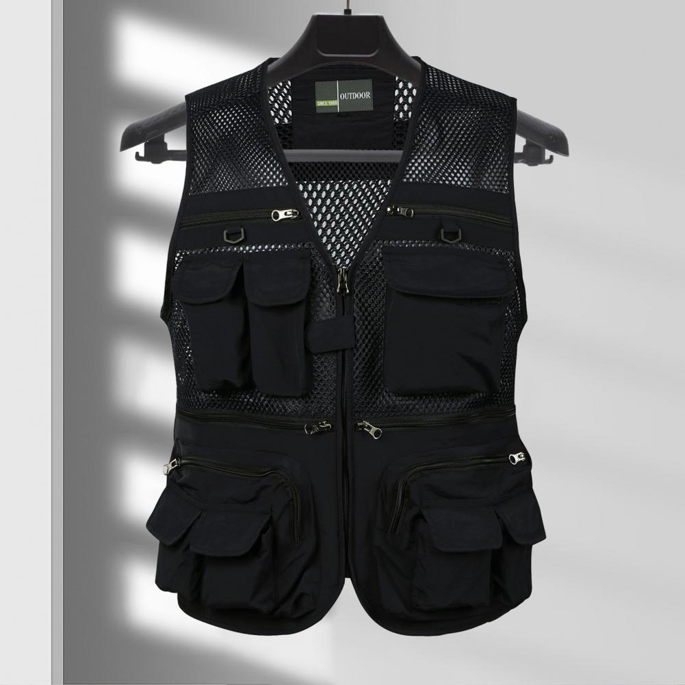 Men Cargo Waistcoat V-neck Sleeveless Zipper Placket Vest Coat Solid Color Mesh Stitching Multi Pockets Fishing Hiking Waistcoat