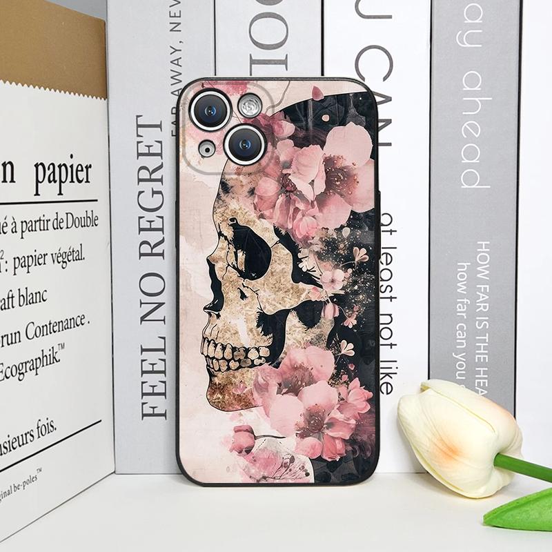 Retro Gothic Night Flower Skull Head Printed Phone Case for iPhone 17 16 12 11 14 Plus 13 14 15 Pro Max Mini X Floral Soft Cover
