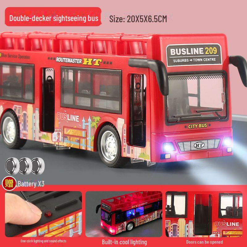 

Детский игрушечный двухэтажный автобус с открытыми дверями, огнями, музыкой и инерционным эффектом для осмотра достопримечательностей и игры в общественный транспорт. Open-top bus