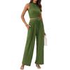 Women's Olive Green Sleeveless High Neck Crop Top with Wide Leg Pants Two-Piece Set