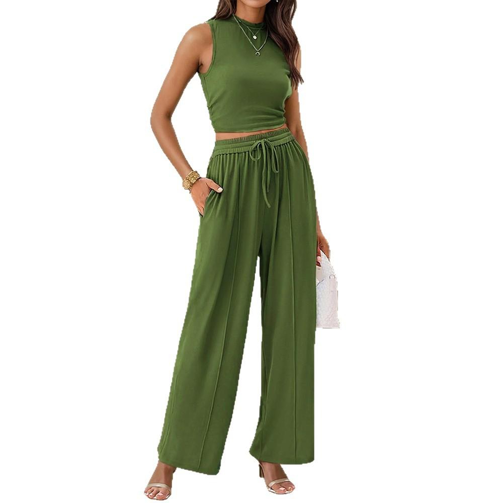 Women's Olive Green Sleeveless High Neck Crop Top with Wide Leg Pants Two-Piece Set