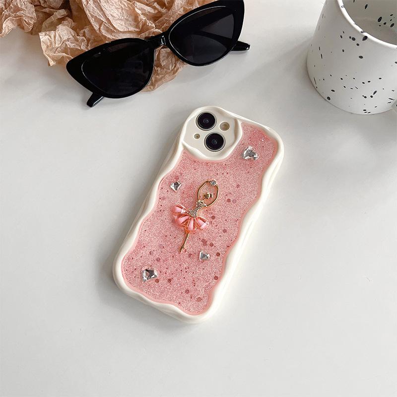 

Pink Ballet Phone Case For Apple 16Promax Drip Glue Apple 17 Rhinestone Pearl Heart 14 Glitter iPhone 7/8/SE 2020