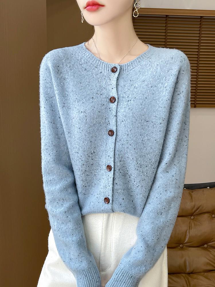 Women's Polka Dot Wool Cardigan, Round Neck, Single-Breasted, Korean Style Loose Fit for Autumn/Winter