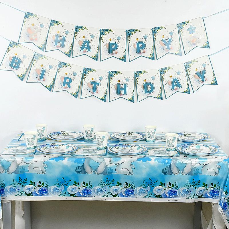 Blue Baby Elephant Disposable Tableware Set Paper Plate Cup Napkin Kids Boys 1st Birthday Party Decoration Baby Shower Supplies