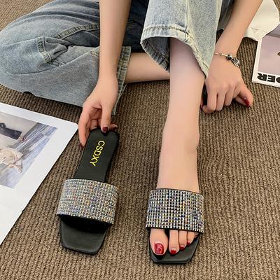 Flat Bottom One-word Drag 2025 Summer New Square Head Rhinestone Slippers Women's Large Size Foreign Trade Women's Shoes