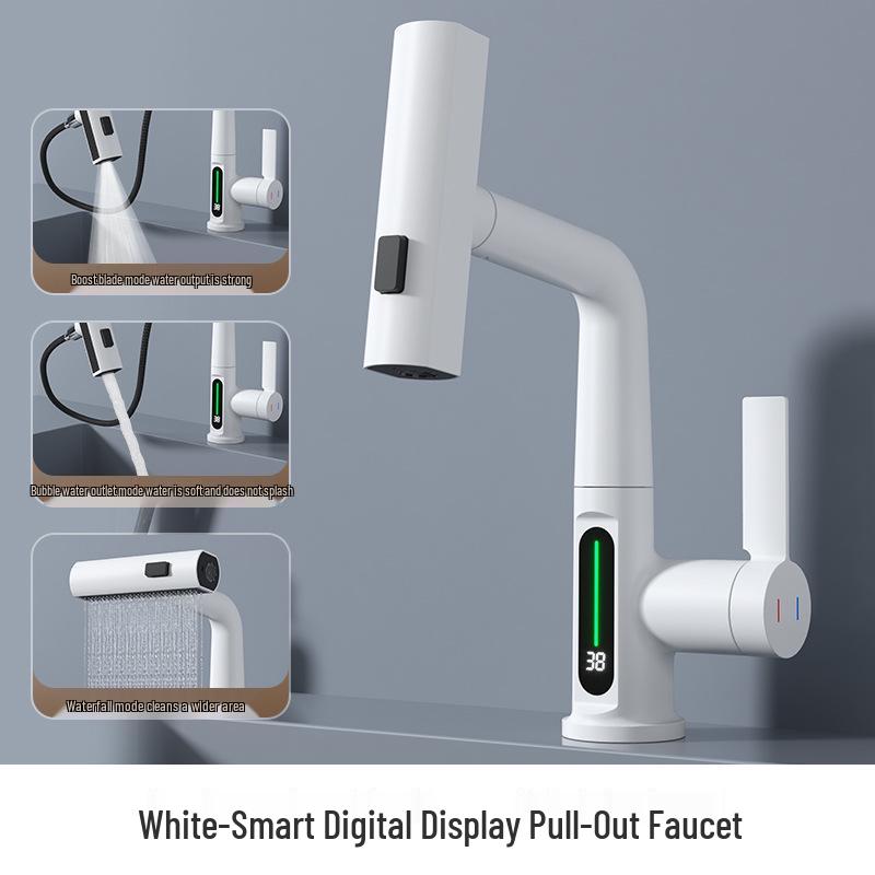 Premium White Digital Display Rain Shower Basin Faucet with Pull-out Rotating Waterfall Feature