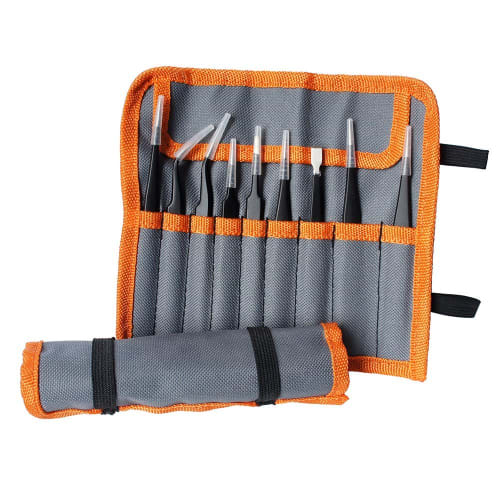 Powseed 9-Piece Precision Tweezers Set, ESD Shielding, Anti-Static, Stainless Steel, Electrolytic, Rust-Resistant, Black Coated, for Precision Machine