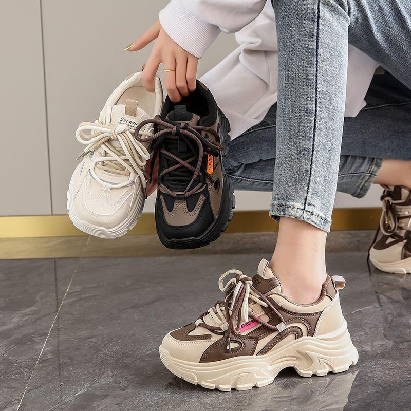 Women's Leather Dad Shoes Spring Autumn Lightweight Cotton Breathable Comfortable Casual Sports Sneakers