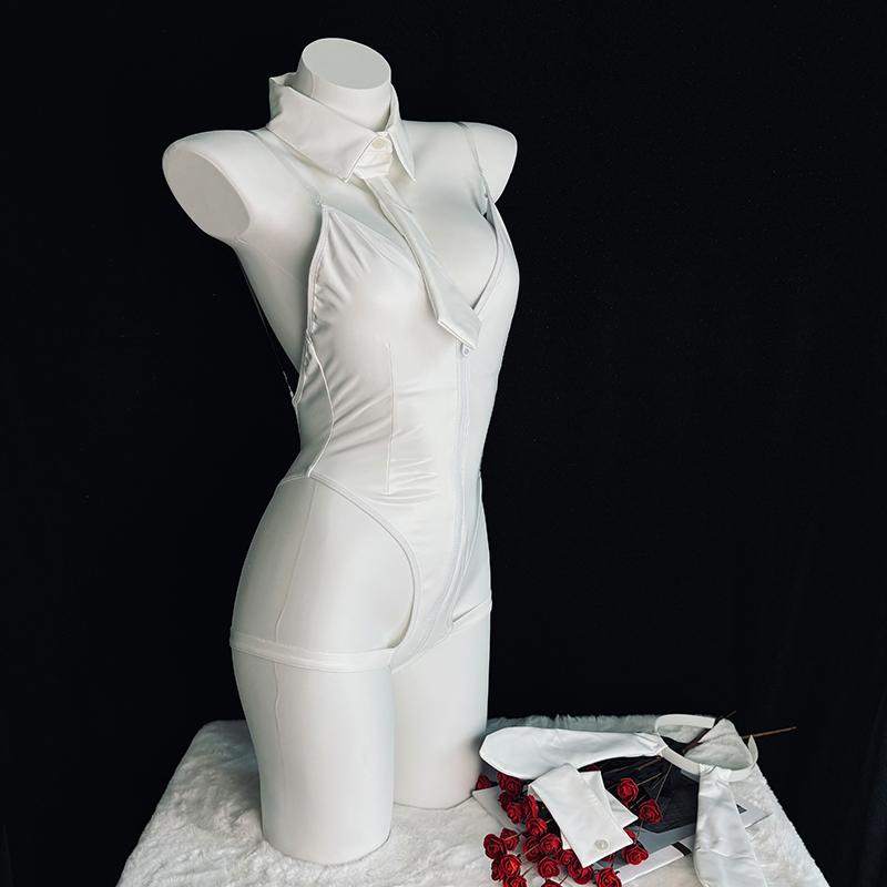 Hot Erotic Original Sexy Cute Bunny Girl Cosplay White Faux Leather Zipper Jumpsuit Backless Halloween Temptation Anime Lingerie