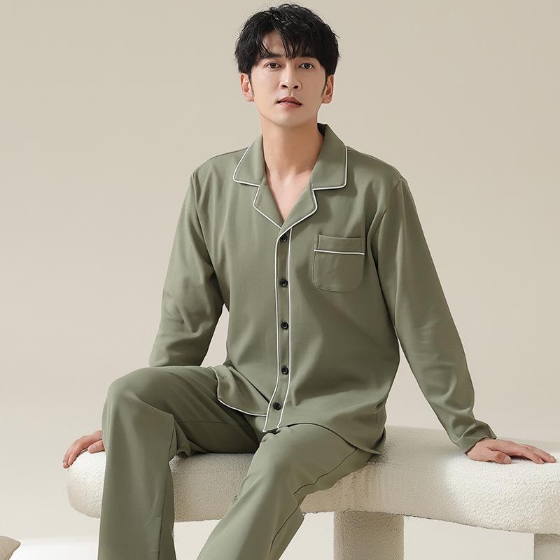 Herren Übergröße Reiner Baumwoll-Pyjama-Set - Langärmiger Cardigan für Herbst/Winter