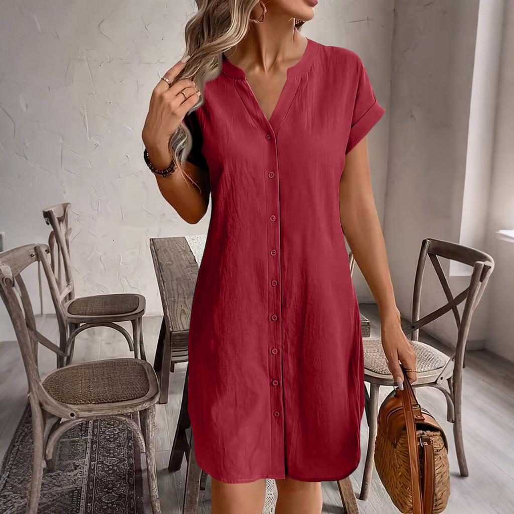 Women Casual Linen Cotton V Neck Short Sleeve Button Front Loose Fit Dress Lightweight Summer Tunic Dress with Pockets