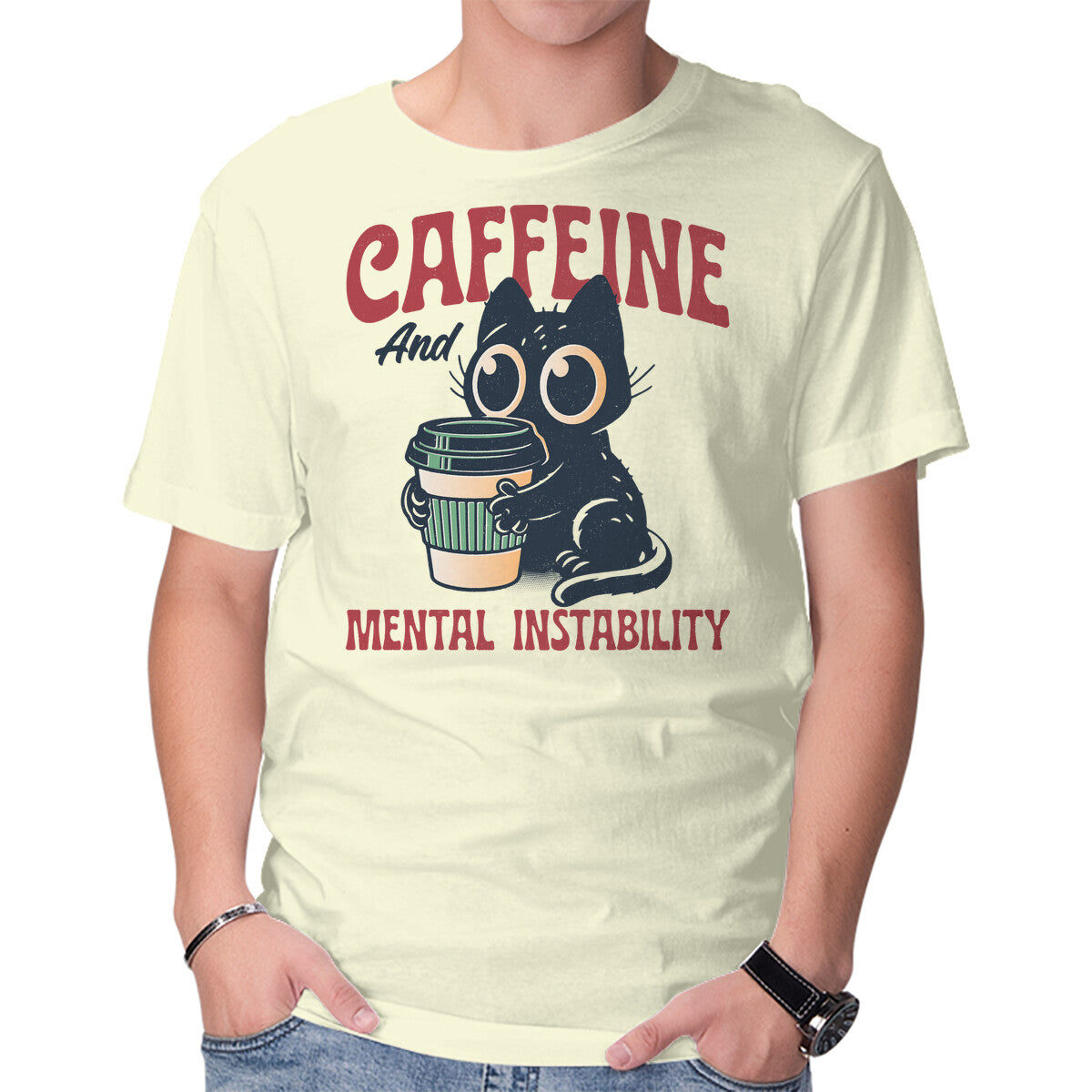 Unisex Crew Neck T-Shirt Caffeine And Mental Instability Graphic Short Sleeve Casual Tee L