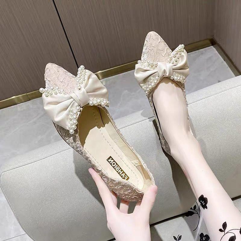 Fashion Ladies Footwear Pointed Toe with Bow Women's Flat Shoes Black Pearl Chic and Elegant Shoe Fashionable Luxury Brand Spring 39 Y2k