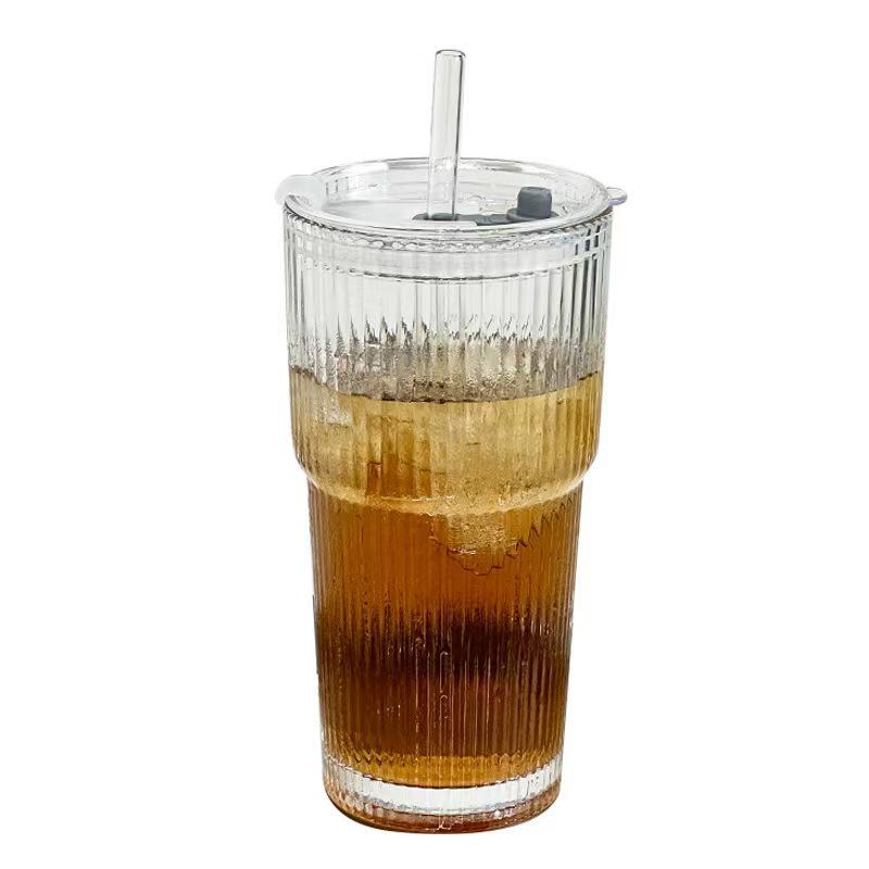 Ins-Style Large Capacity Vertical Stripe Glass Cup with Lid and Straw – Ideal for Fruit Tea, Iced Coffee, and Beverages