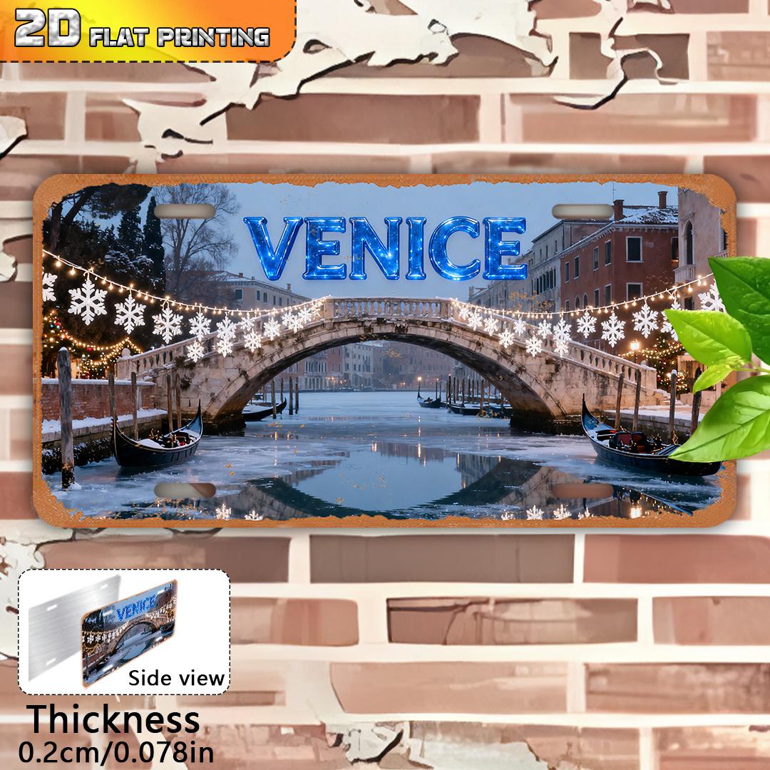 Winter Venice Metal Tin Sign D Flat Printing Waterproof Wall Art Rialto Bridge Gondola Snowflake Scene Retro Christmas Decor 15x30cm(5.9x7.8inch)