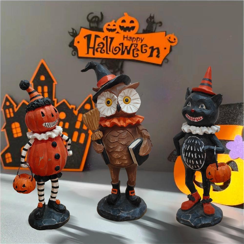 Halloween Pumpkin Puppet Decoration, Resin Carving Owl Black Cat Statue, Halloween Home Indoor and Outdoor Garden Decorations