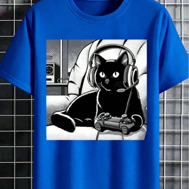[Black Cat T-Shirt] Relaxed Fit Black Casual Cat Graphic T-Shirt | Short Sleeve Crew Neck, Summer Style, Polyester Blend