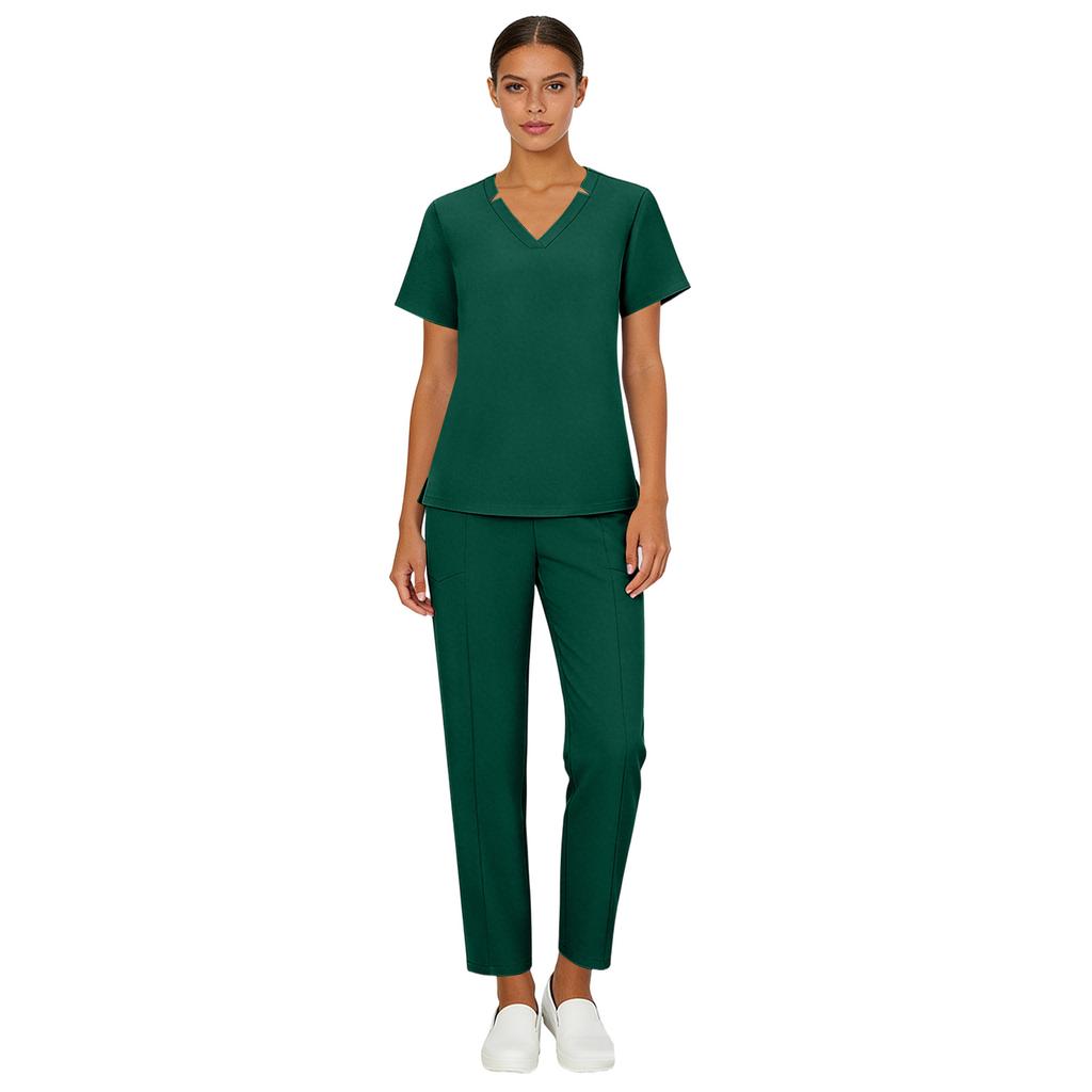 Women's Short Sleeved Color V Neck Pocket Top Pants Work Clothes Two Piece Set