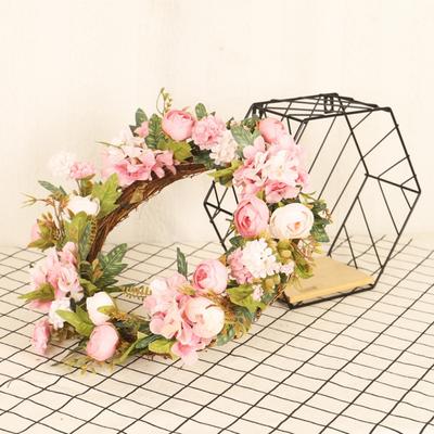 Fake Peony Artificial Peony Flower Wreath 40cm Silk Flower Door Wreath with Green Leaves Spring Wreath for Front Door Wedding Wall Home Decor