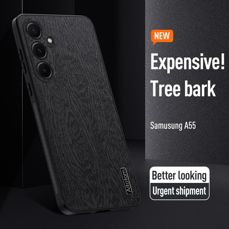 For Samsung Galaxy A55 5G Phone Case Wood Texture Leather Coated PC+TPU Anti-drop Cover