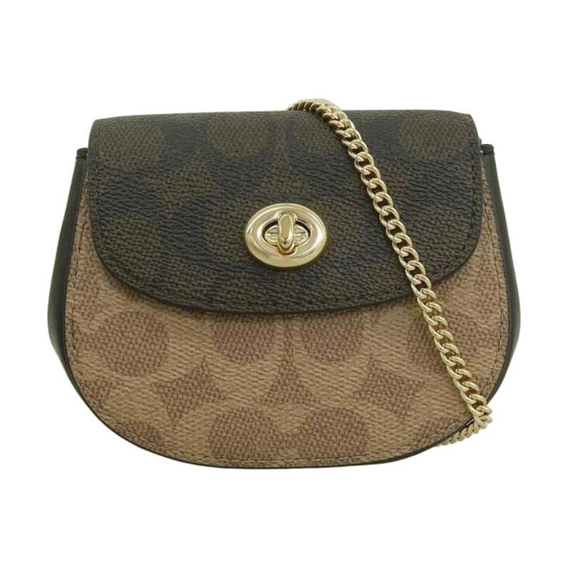 COACH Turnlock 12 Gold Hardware Chain Coated Canvas Shoulder Bag Mini Women Gold + Walnut + Tan золотой