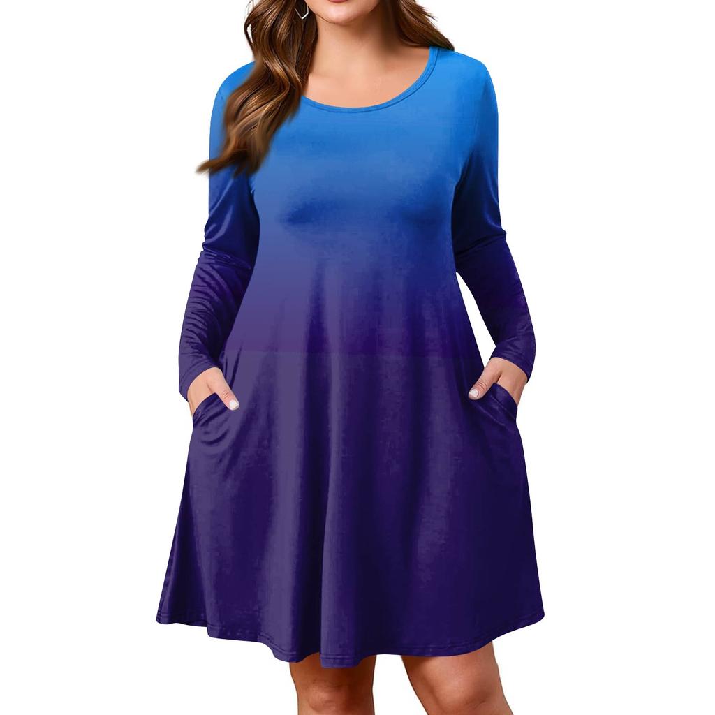 Plus Size Women's Gradient Print Casual Spring/Autumn Pocket Round Neck Long Sleeve Dress