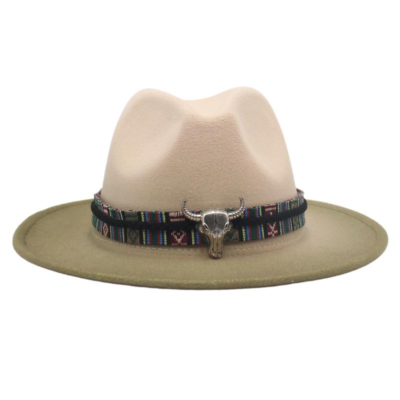 Trendy Tibetan Top Hat, Western Cowboy Hat, Bull Head Big Brim Woolen Felt Hat Gradual Change Color Spray Paint Two-Color Hat