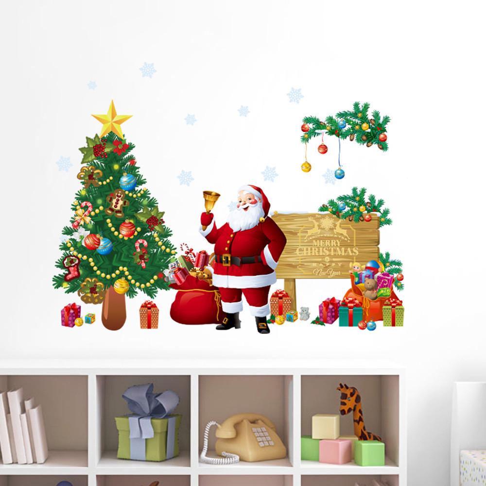 Holiday Wall Decor Pvc Removable Christmas Santa And Tree Wall Sticker For Living Room And Porch