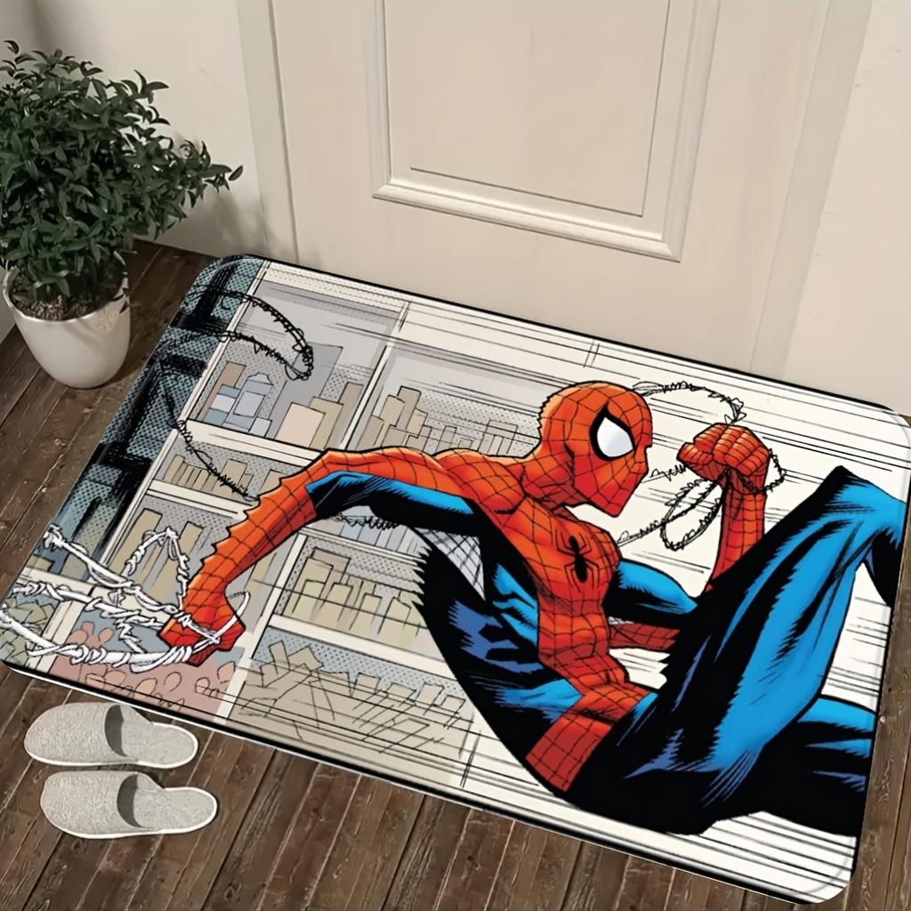 Authorized 1pc Cartoon Printed Rug, Spider- City Web Dynamic Pose Red Blue Battle Suit Classic Design Easy to Clean, Suitable