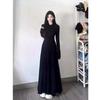Spring Autumn Round Neck Elegant Fashion Black A-line Dress Women Long Sleeve Temperament Slim Robe Vestidos