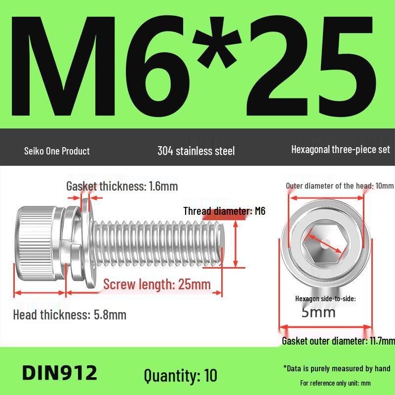 304 Stainless Steel Hex Socket Cap Screw with Washer - Sizes M3, M4, M5, M6, M8, M12
