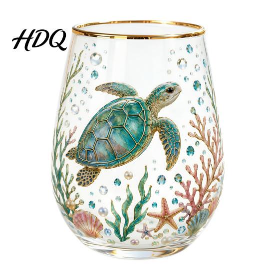Hand-painted Glass Cup Hand Painted Tumbler Egg Shaped with Gold Rim Clear
