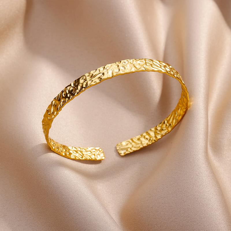 Stainless Steel Bangles Bracelets for Women Gold Color Geometric Texture Open Cuff Bangle Bracelet Femme Vintage Jewelry