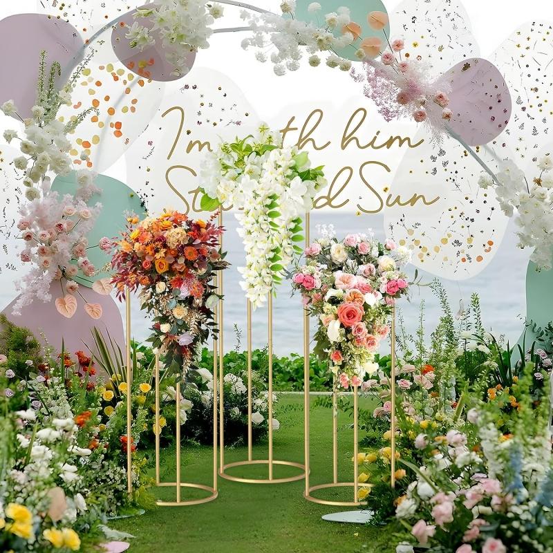 3-Pack Wedding Table Gold Metal Flower Stand - Floor Standing Vase Stand Pathway Full Height Column Tabletop Centerpiece