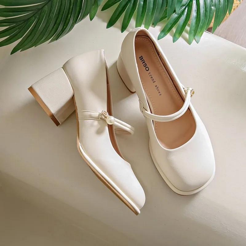 Fashion Versatile Pearl Single Shoe Women's 2025 Spring Summer New Style French Small Leather Shoe Square Head Casual Mid Heel Mary Jane