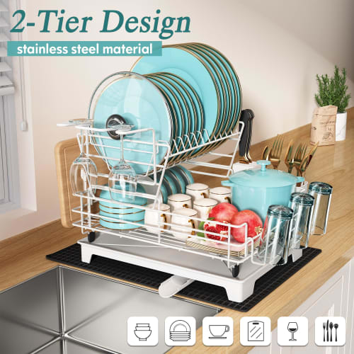MAJALiS White Dish Drying Rack for Kitchen Counter, Stainless Steel 2-Tier Dish Drainer, Sink Drainer Board, Kitchen Organizer, Space-Saving