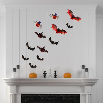 12Pcs/Set Halloween 3D Bat Sticker PVC Spooky Living Room Bedroom Background Wall Decoration Flying Pumpkin Decal Party Supplies