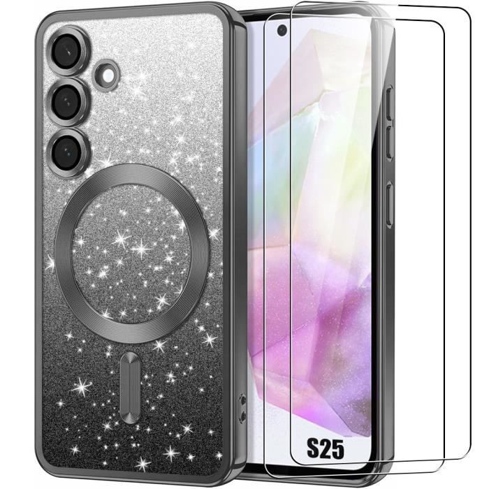 Coque et Verres Trempés - Samsung - Galaxy S25 - Protection Scintillante - Silicone - Noir