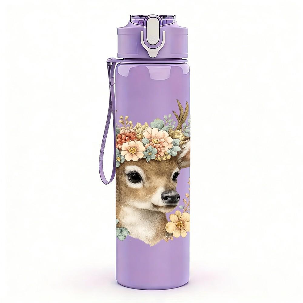 1PC Autumn Floral Deer Head 750ml Color Plastic Sports Water Bottle Leakproof Flip Straw Lid Suitable for Sports Office Home Use