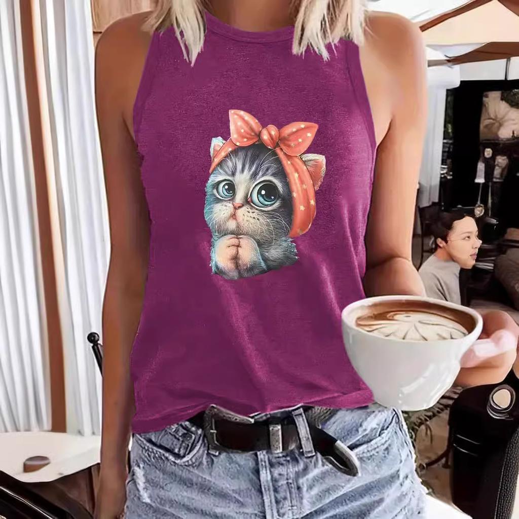 Cat-printed Women's Round-neck Vest for Spring and Summer Casual Sleeveless Top
