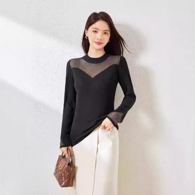 Hot Diamond Perspective Mesh Splicing Silk Wool Bottom Shirt Women's Early Autumn New Semi-turtleneck Pullover Knitted Sweater Top