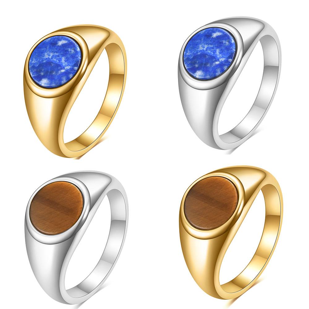 Fashion Minimalist and Cool Style Round Gemstone Inlaid Rings for Women Stainless Steel Punk Carved Men Ring