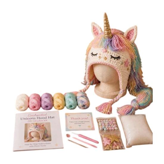 Crochet Starter Kit Fantasy Hood Kit, Cute Animal Hat DIY Dragon Unicorn Creative Gift for Crafters Skull Earflap Craft Adults, Handmade Halloween